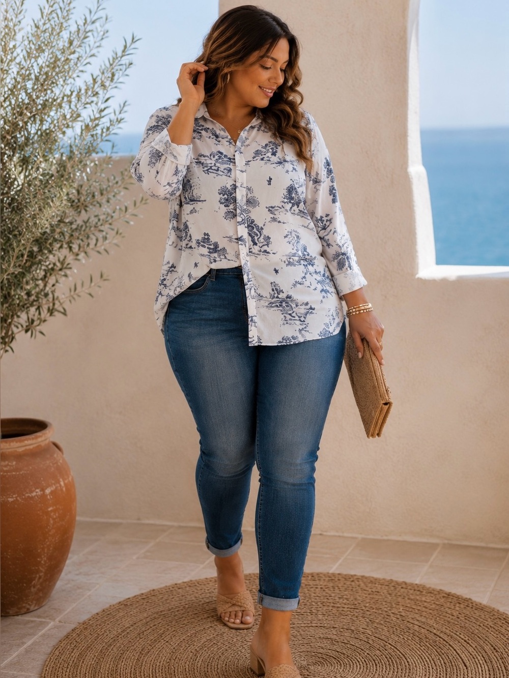 H&M Toile Print Button Down Blouse Plus Size 3X